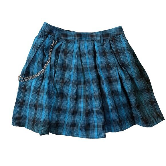 Hot Topic Dresses & Skirts - Hot Topic Blue & Black Plaid Pleated Skirt with Chain XS Juniors